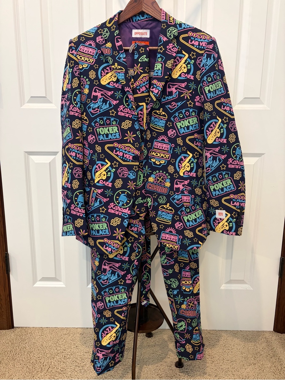 OppoSuits Black Neon Casino Print Suit - Neon Pink, Yellow, Blue, Green